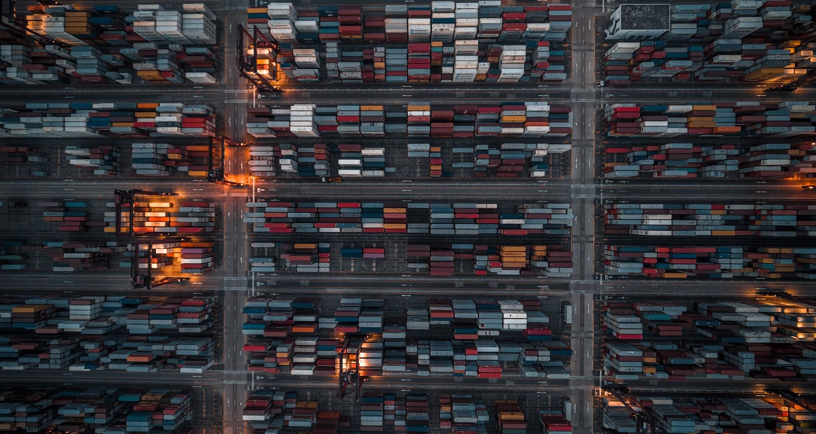 Container yard seen from above at dusk