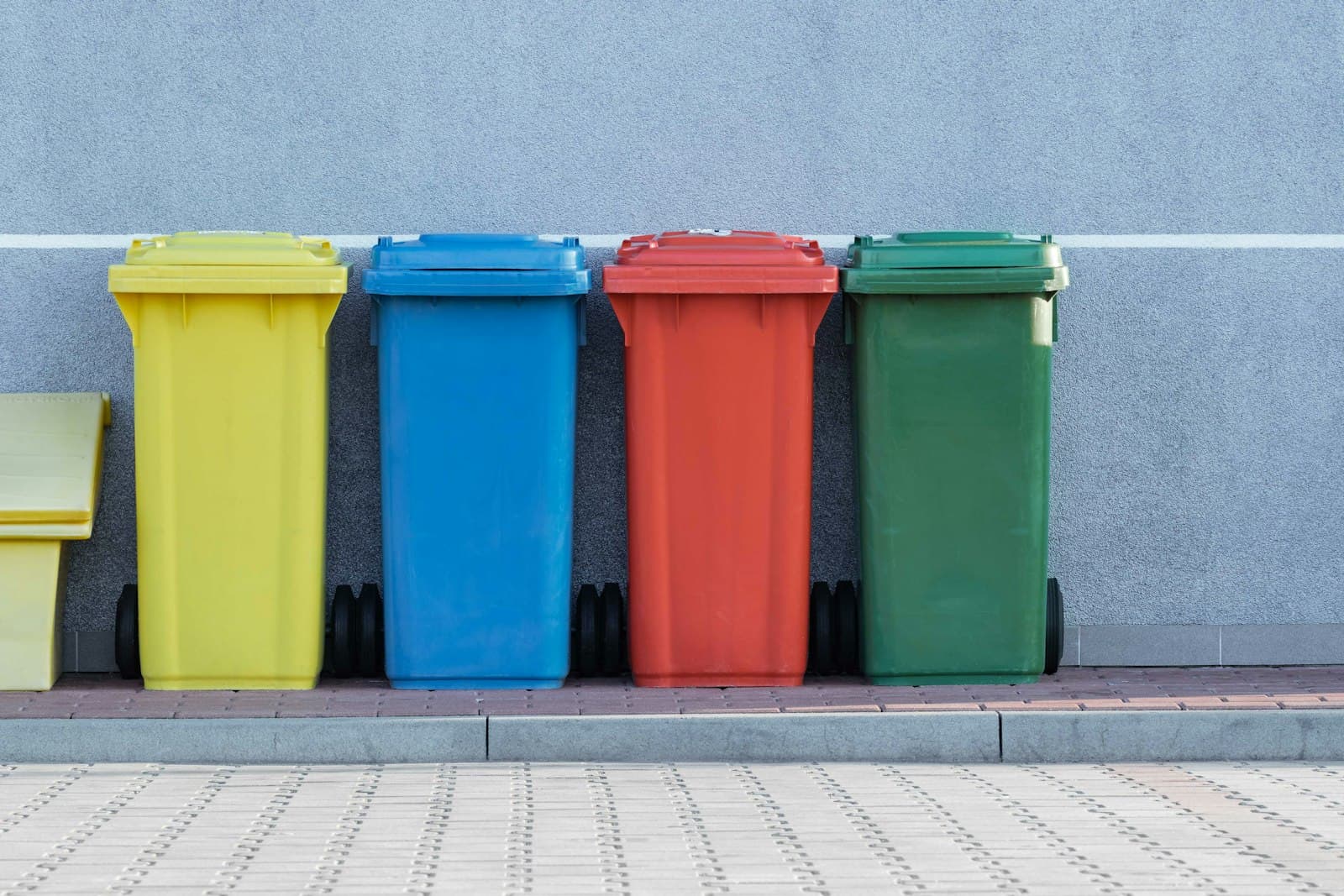 Row of colourful waste and recycling bins